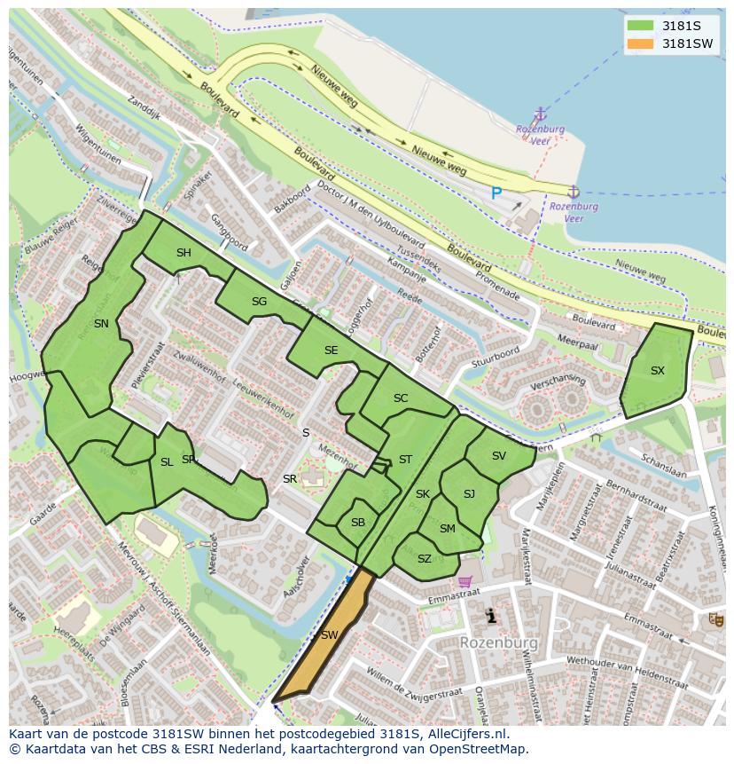 Afbeelding van het postcodegebied 3181 SW op de kaart.
