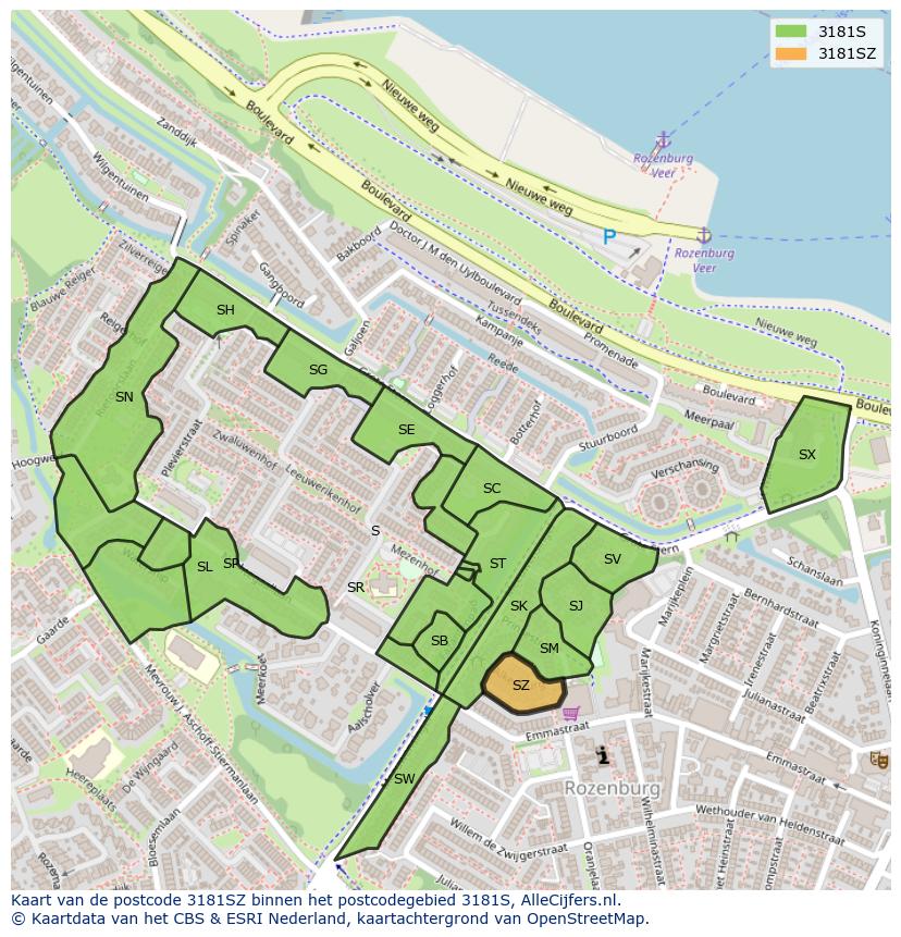 Afbeelding van het postcodegebied 3181 SZ op de kaart.