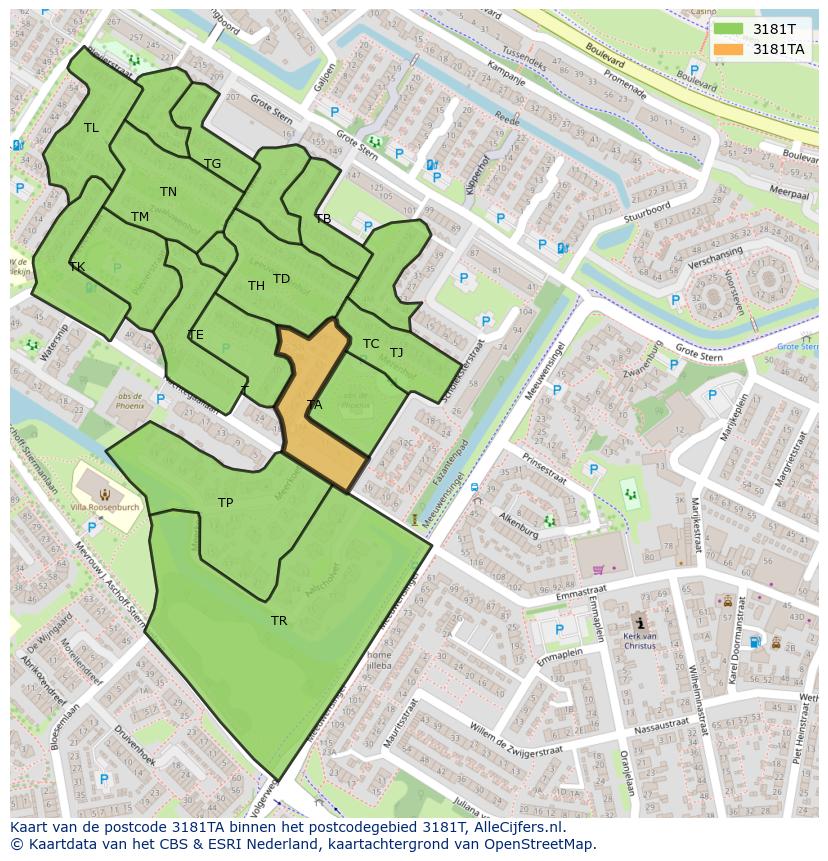 Afbeelding van het postcodegebied 3181 TA op de kaart.