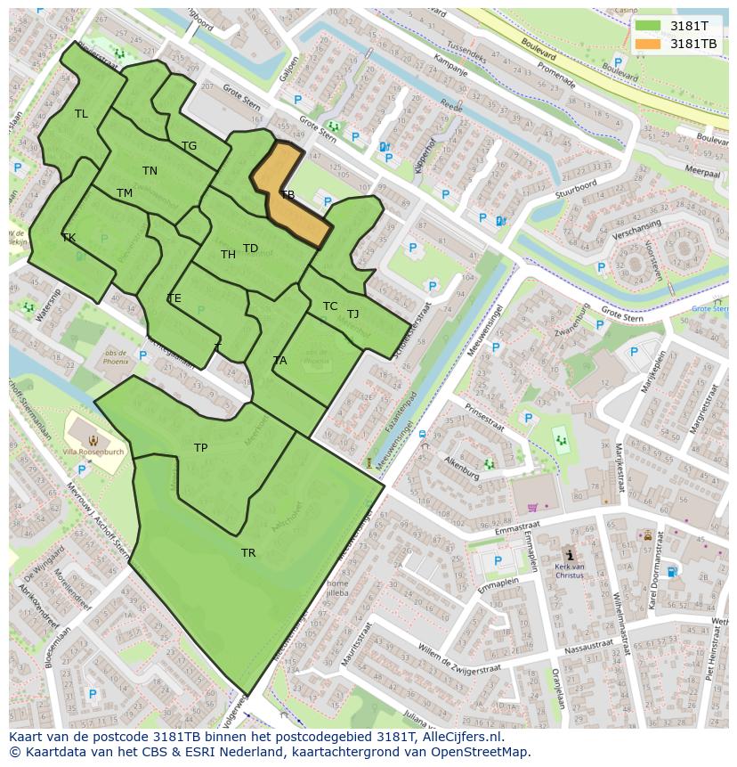 Afbeelding van het postcodegebied 3181 TB op de kaart.