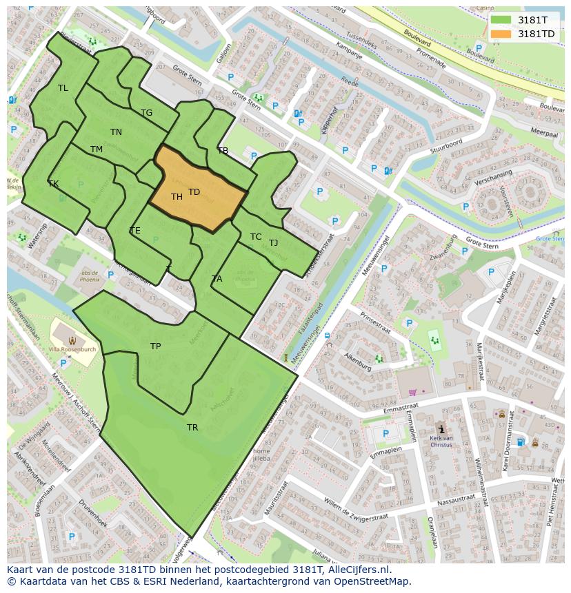 Afbeelding van het postcodegebied 3181 TD op de kaart.
