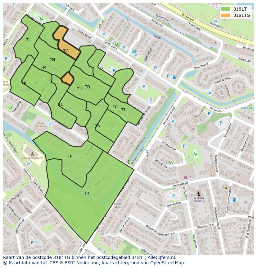 Afbeelding van het postcodegebied 3181 TG op de kaart.