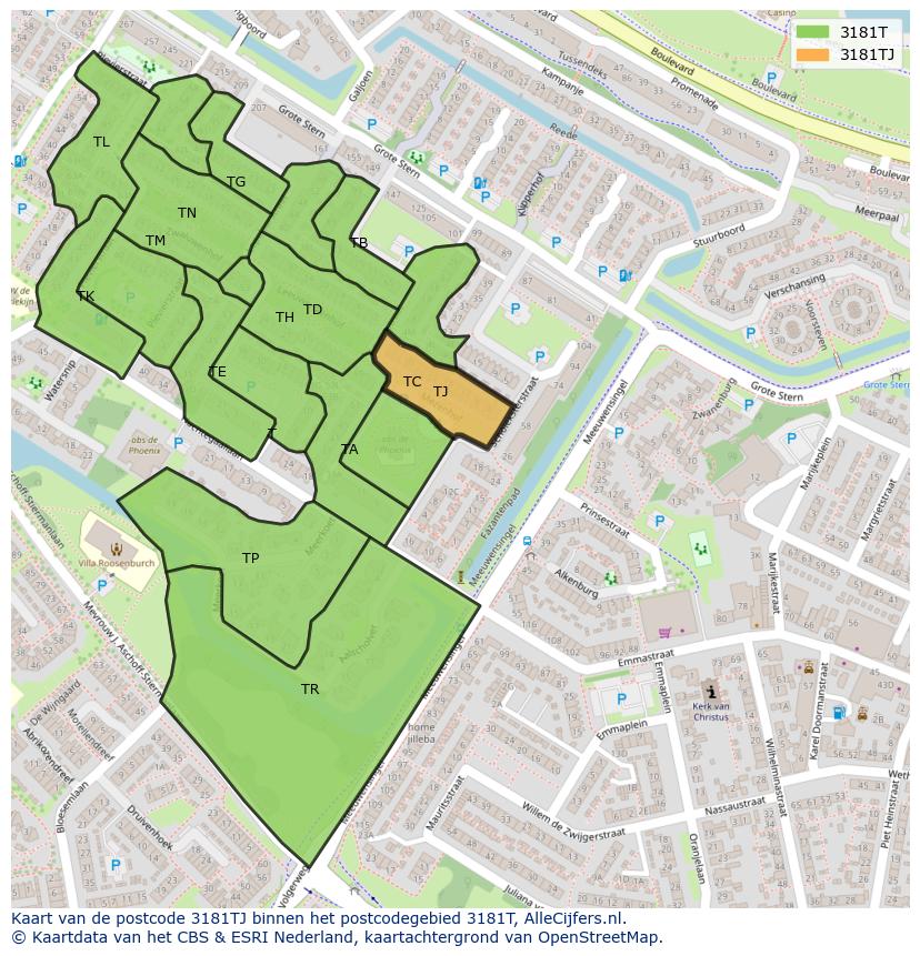 Afbeelding van het postcodegebied 3181 TJ op de kaart.