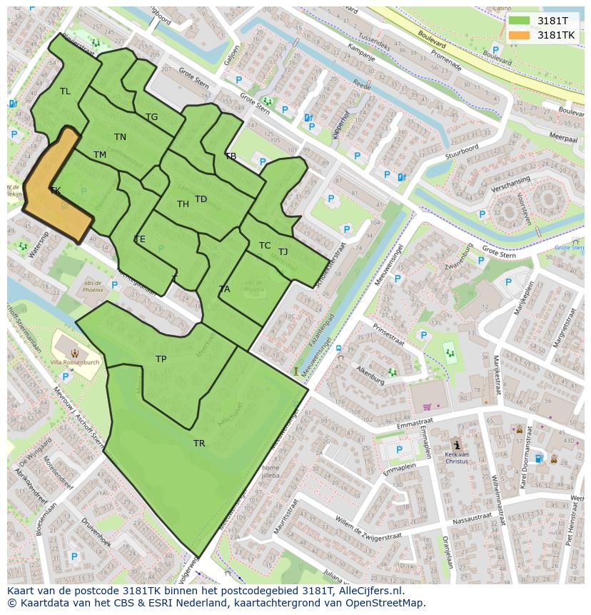 Afbeelding van het postcodegebied 3181 TK op de kaart.