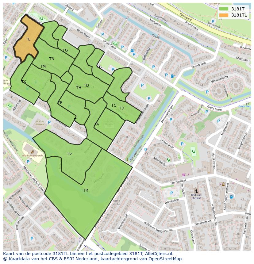 Afbeelding van het postcodegebied 3181 TL op de kaart.