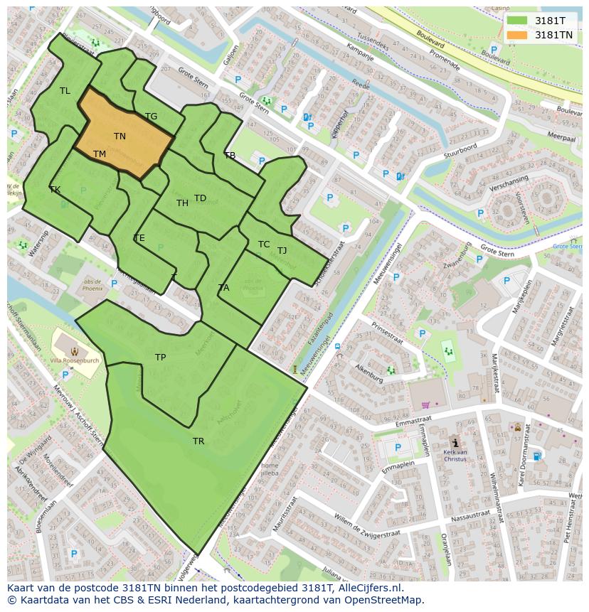 Afbeelding van het postcodegebied 3181 TN op de kaart.