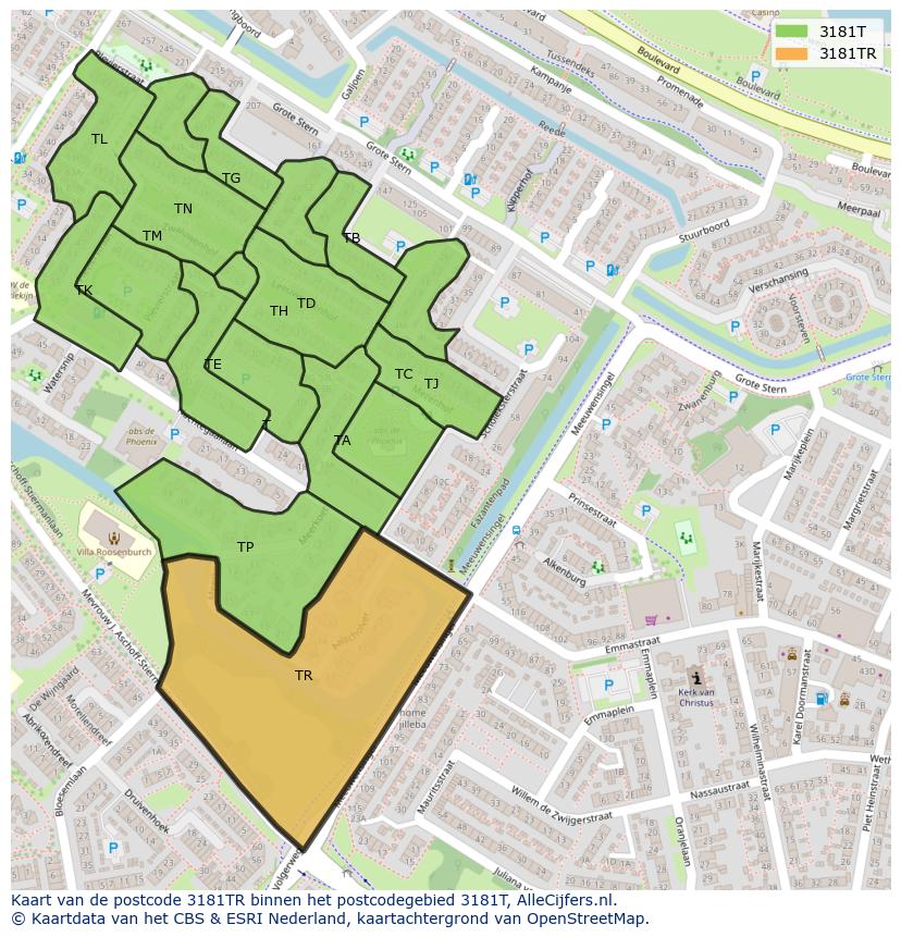 Afbeelding van het postcodegebied 3181 TR op de kaart.