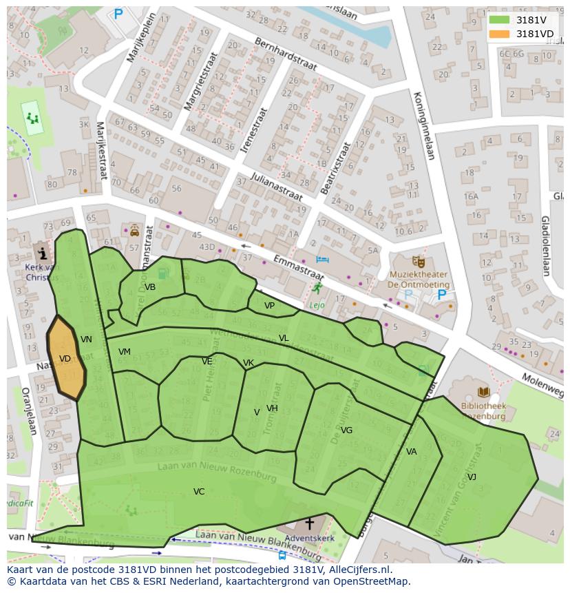 Afbeelding van het postcodegebied 3181 VD op de kaart.