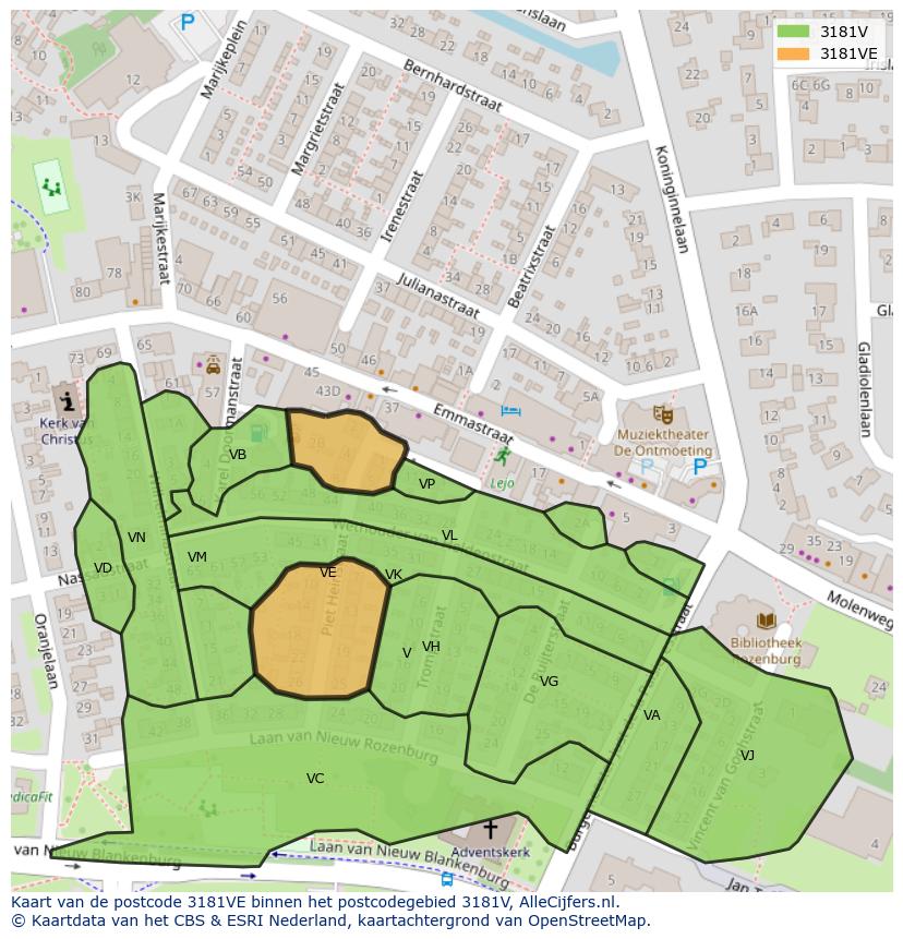 Afbeelding van het postcodegebied 3181 VE op de kaart.