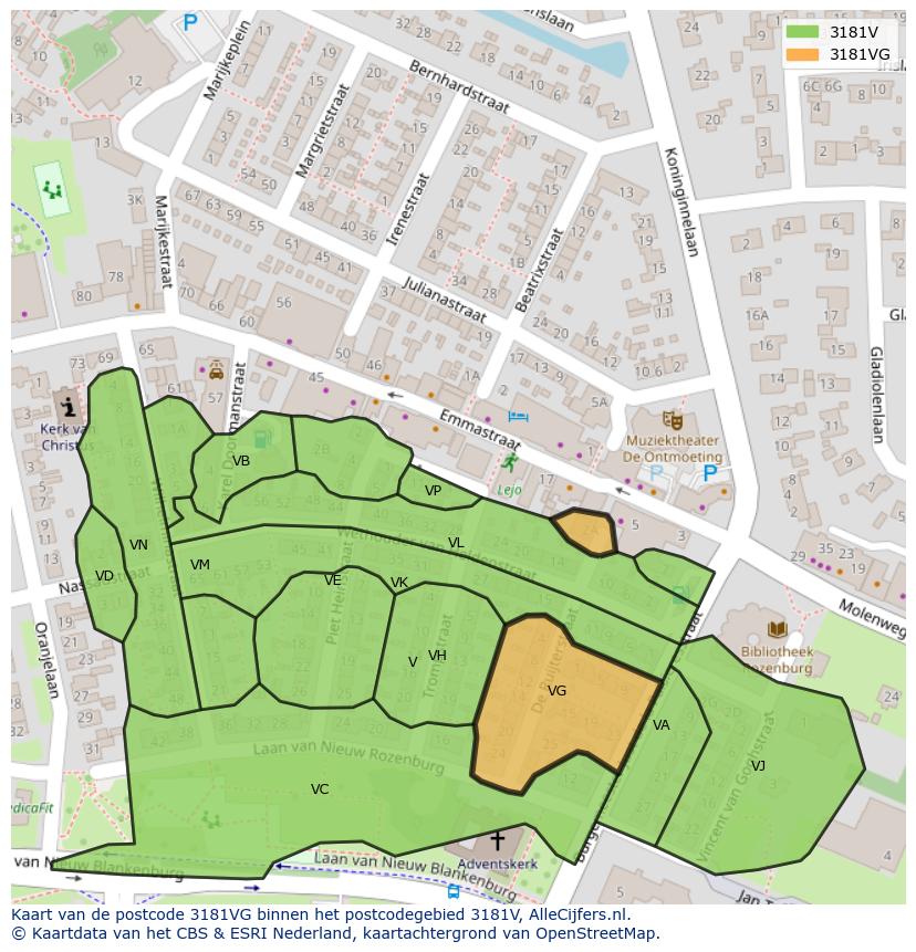 Afbeelding van het postcodegebied 3181 VG op de kaart.