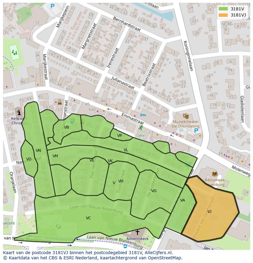 Afbeelding van het postcodegebied 3181 VJ op de kaart.