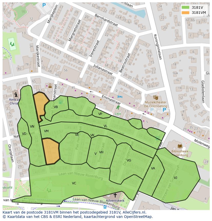 Afbeelding van het postcodegebied 3181 VM op de kaart.