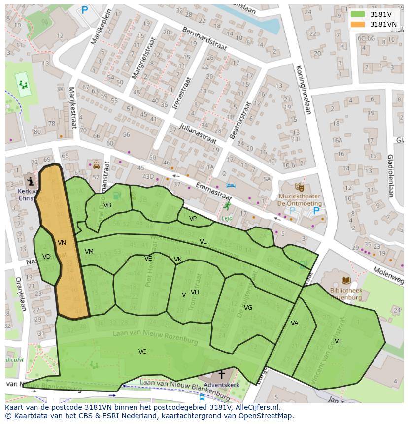 Afbeelding van het postcodegebied 3181 VN op de kaart.