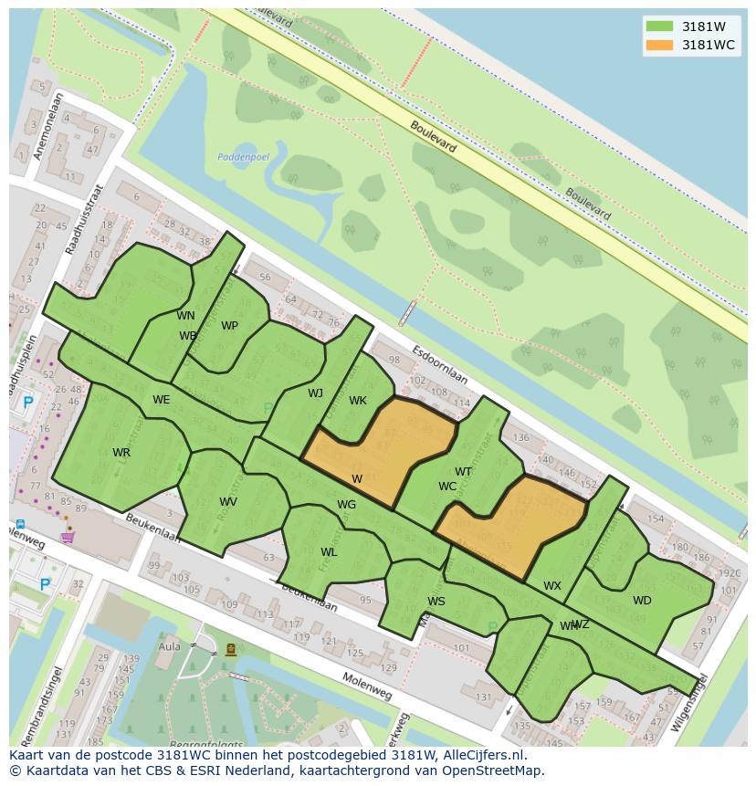 Afbeelding van het postcodegebied 3181 WC op de kaart.