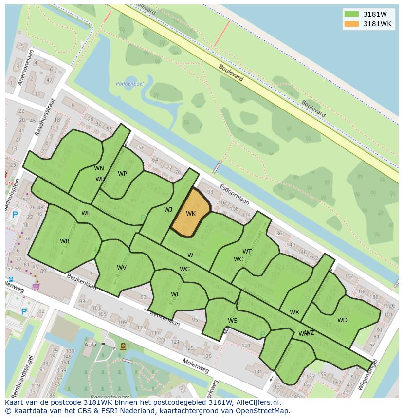Afbeelding van het postcodegebied 3181 WK op de kaart.