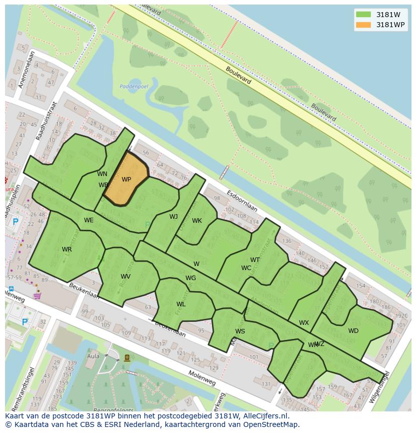 Afbeelding van het postcodegebied 3181 WP op de kaart.