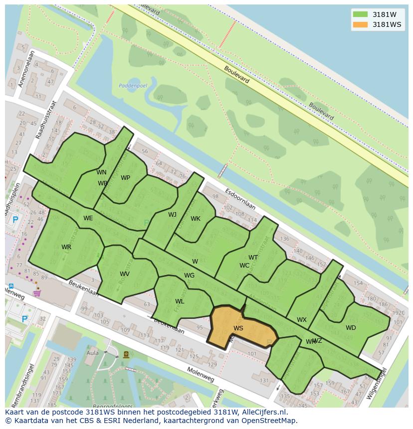 Afbeelding van het postcodegebied 3181 WS op de kaart.