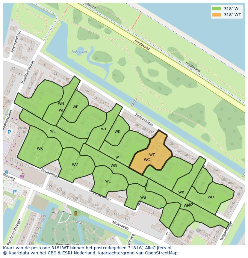 Afbeelding van het postcodegebied 3181 WT op de kaart.
