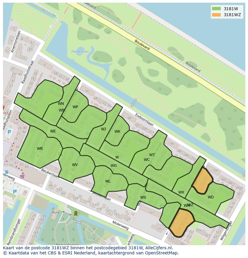 Afbeelding van het postcodegebied 3181 WZ op de kaart.