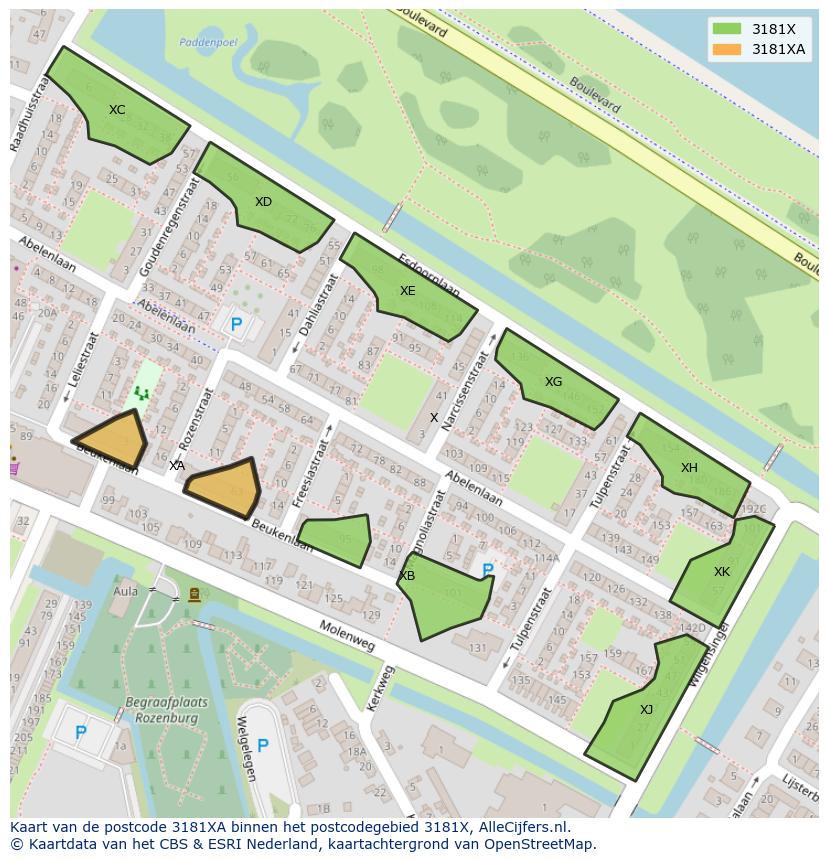 Afbeelding van het postcodegebied 3181 XA op de kaart.