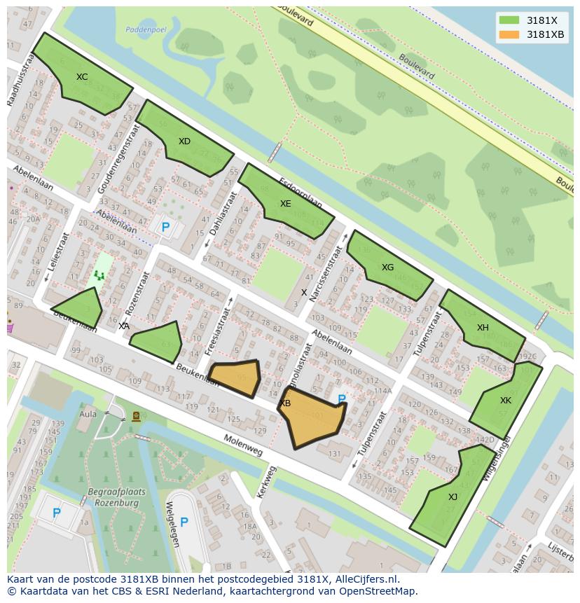 Afbeelding van het postcodegebied 3181 XB op de kaart.