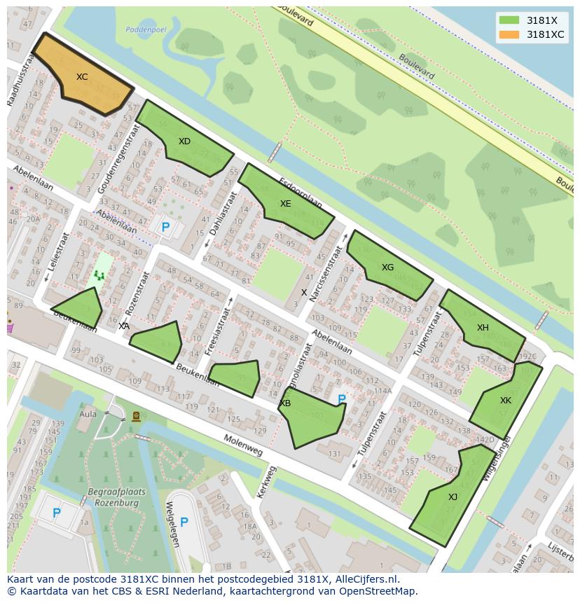 Afbeelding van het postcodegebied 3181 XC op de kaart.