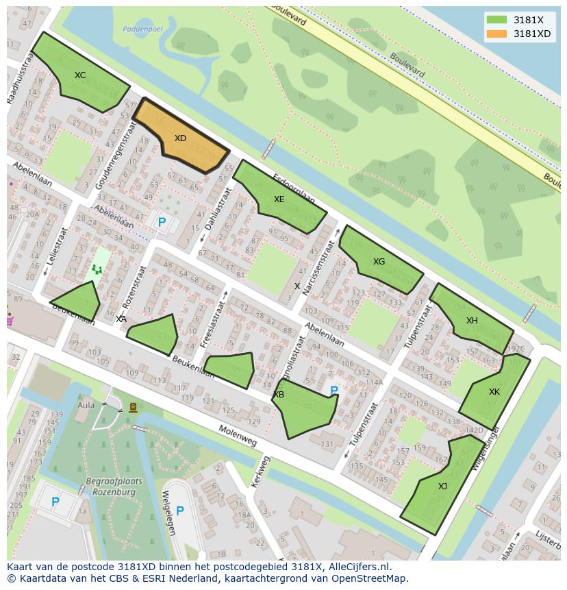 Afbeelding van het postcodegebied 3181 XD op de kaart.