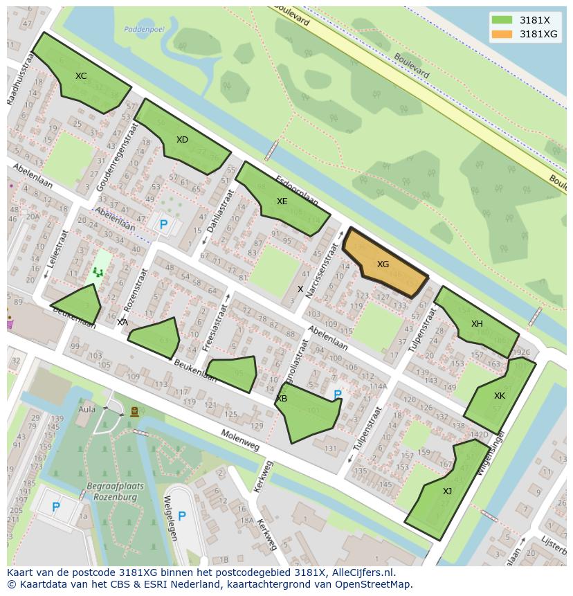 Afbeelding van het postcodegebied 3181 XG op de kaart.