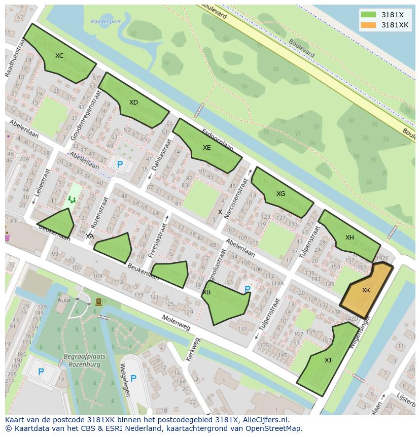Afbeelding van het postcodegebied 3181 XK op de kaart.