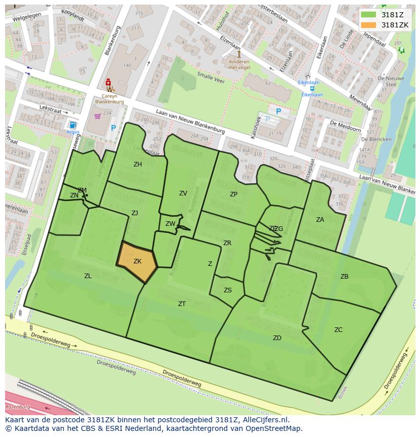 Afbeelding van het postcodegebied 3181 ZK op de kaart.