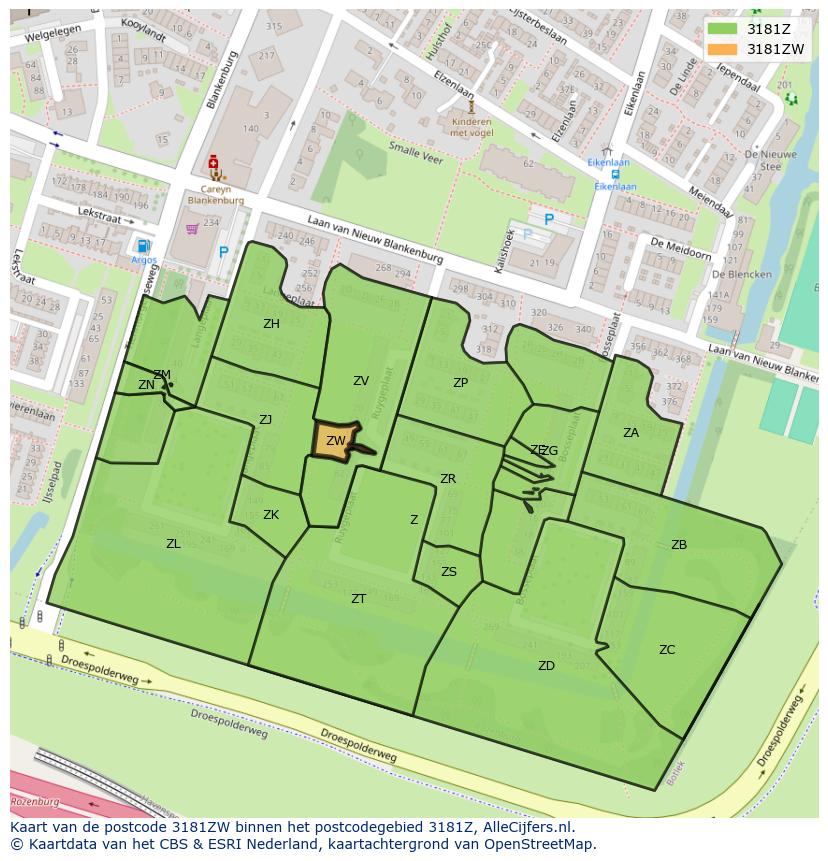 Afbeelding van het postcodegebied 3181 ZW op de kaart.