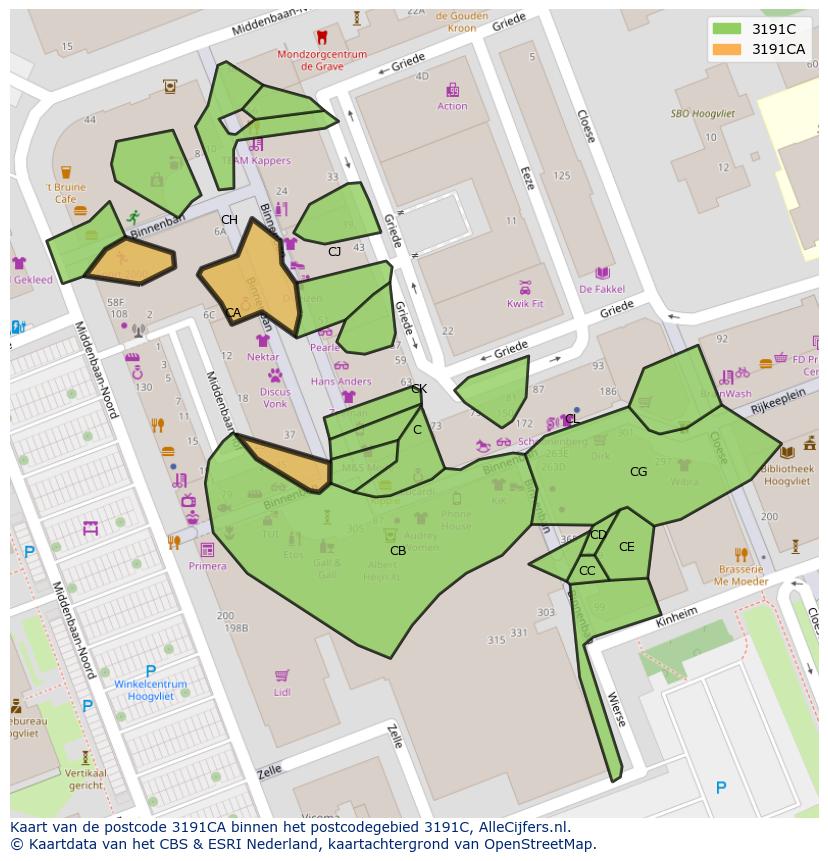 Afbeelding van het postcodegebied 3191 CA op de kaart.