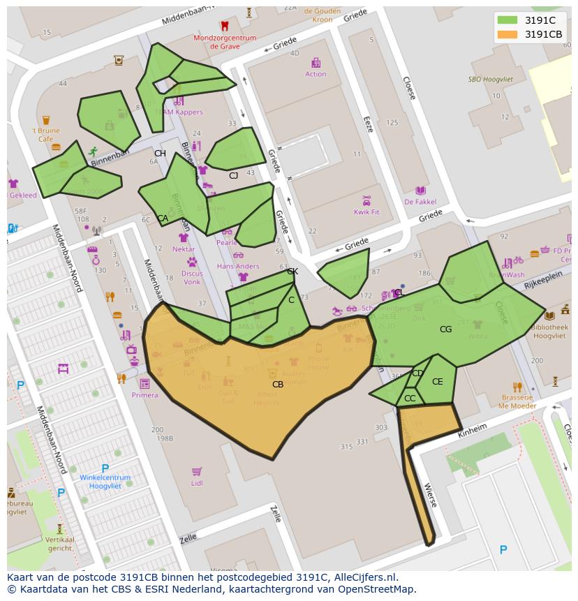 Afbeelding van het postcodegebied 3191 CB op de kaart.