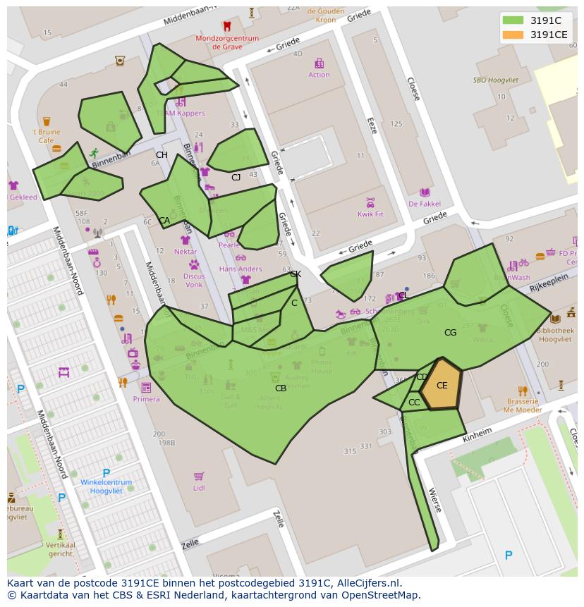 Afbeelding van het postcodegebied 3191 CE op de kaart.