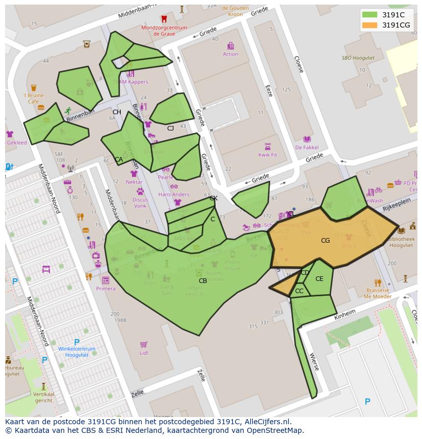 Afbeelding van het postcodegebied 3191 CG op de kaart.
