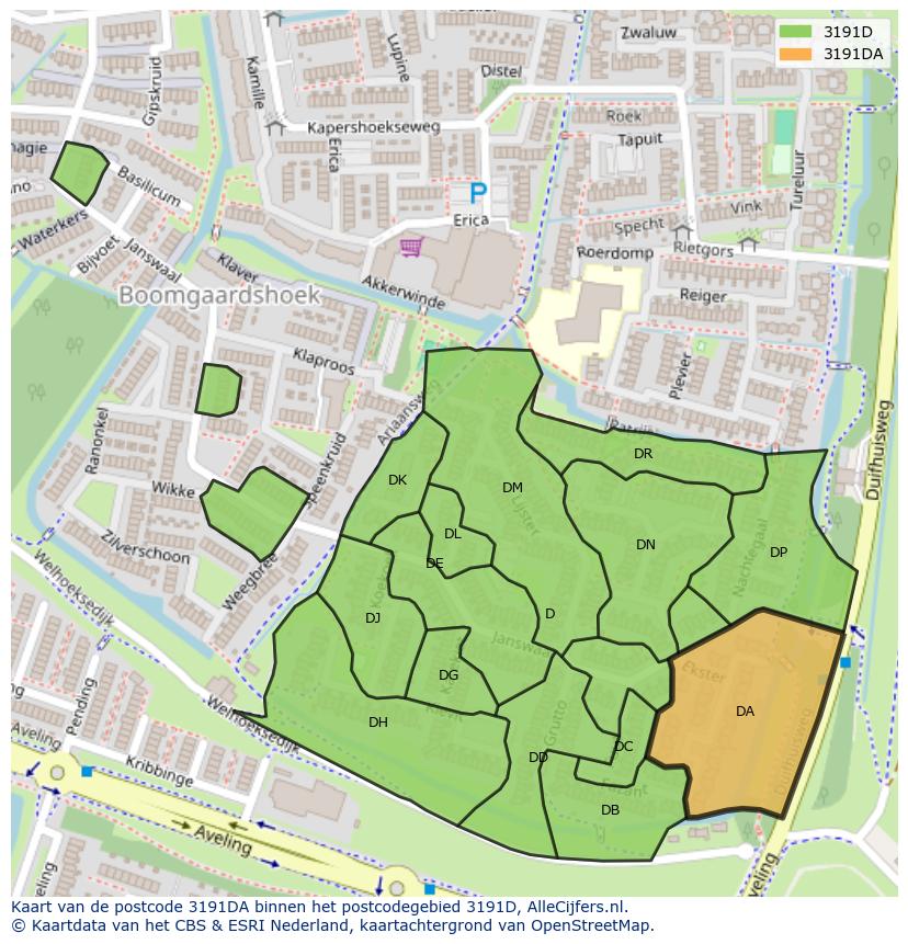 Afbeelding van het postcodegebied 3191 DA op de kaart.
