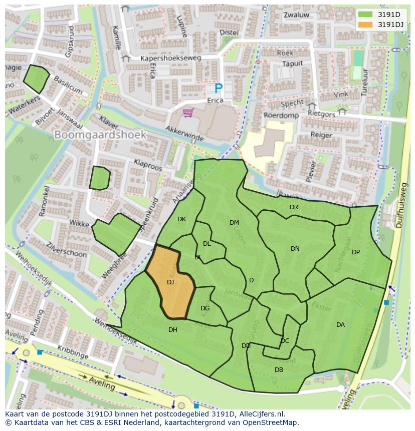 Afbeelding van het postcodegebied 3191 DJ op de kaart.