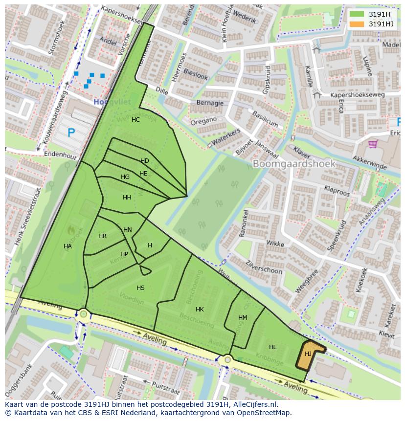 Afbeelding van het postcodegebied 3191 HJ op de kaart.