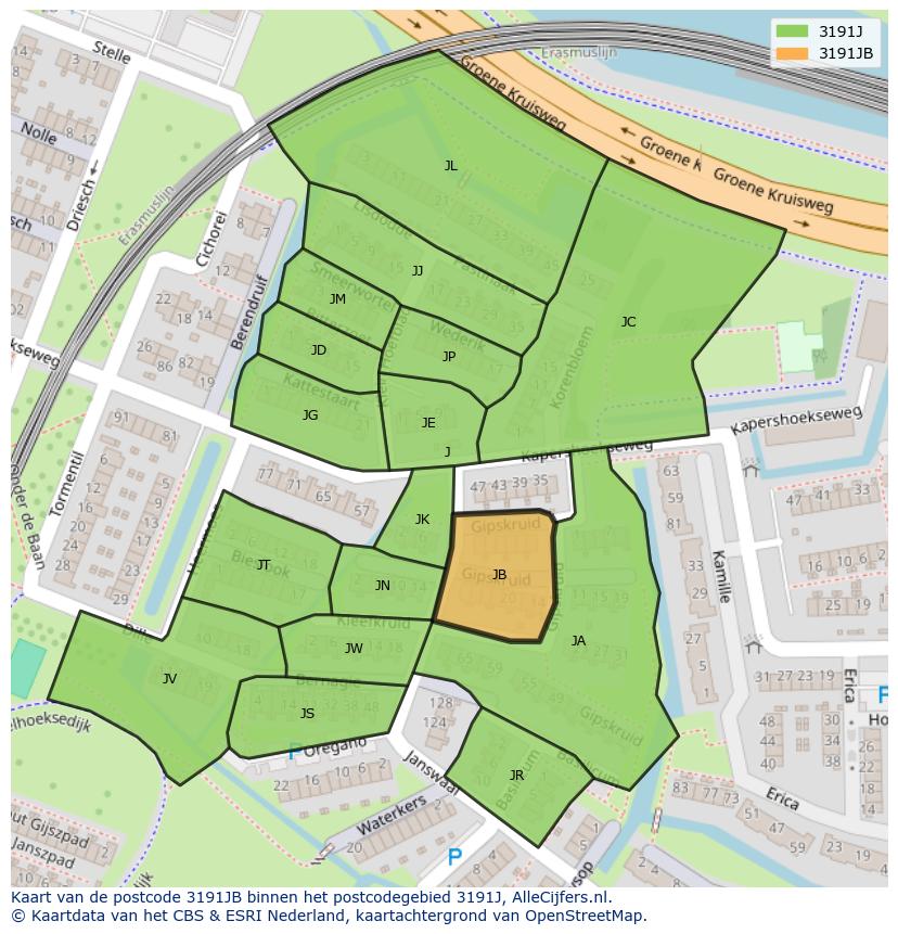 Afbeelding van het postcodegebied 3191 JB op de kaart.