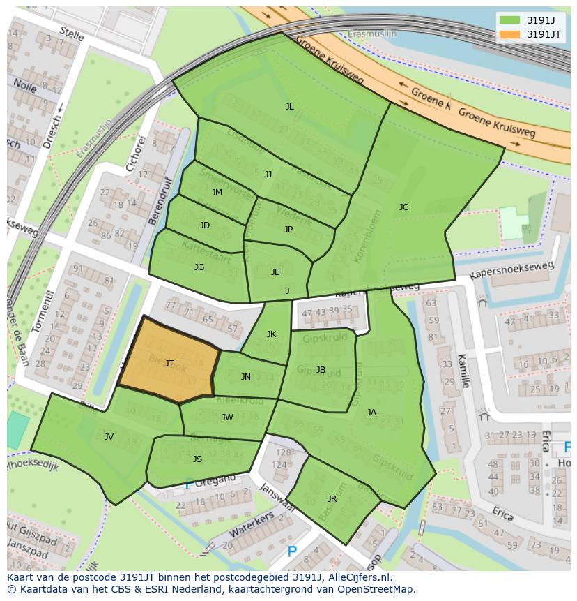 Afbeelding van het postcodegebied 3191 JT op de kaart.