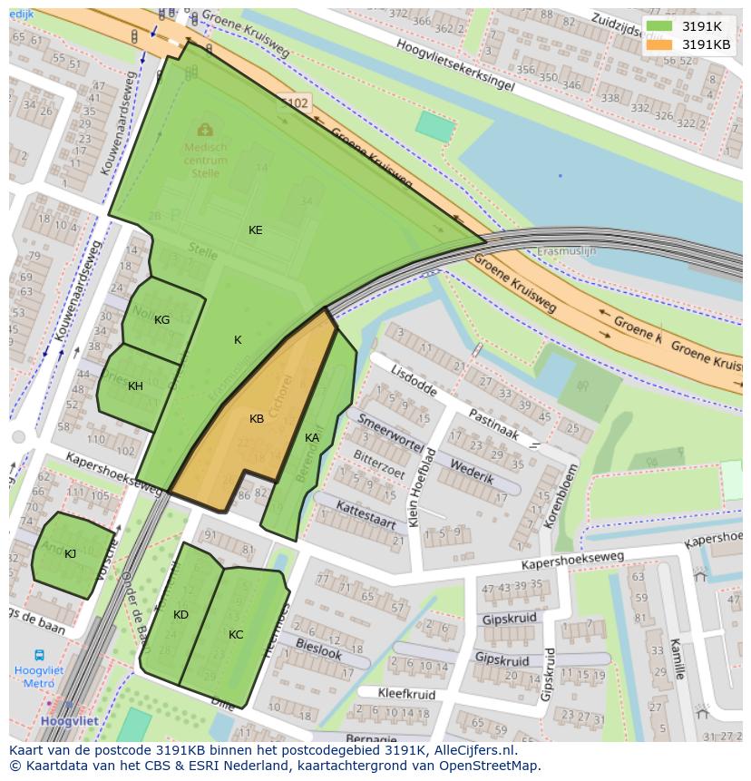 Afbeelding van het postcodegebied 3191 KB op de kaart.