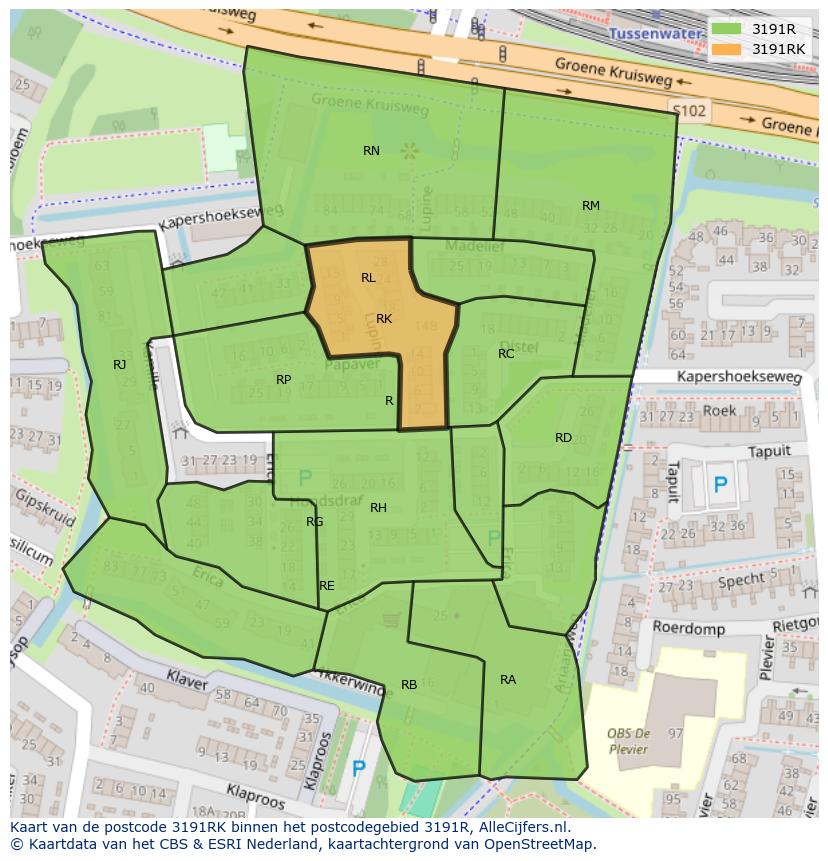 Afbeelding van het postcodegebied 3191 RK op de kaart.