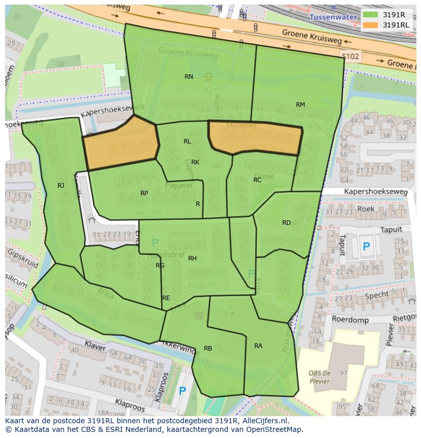 Afbeelding van het postcodegebied 3191 RL op de kaart.