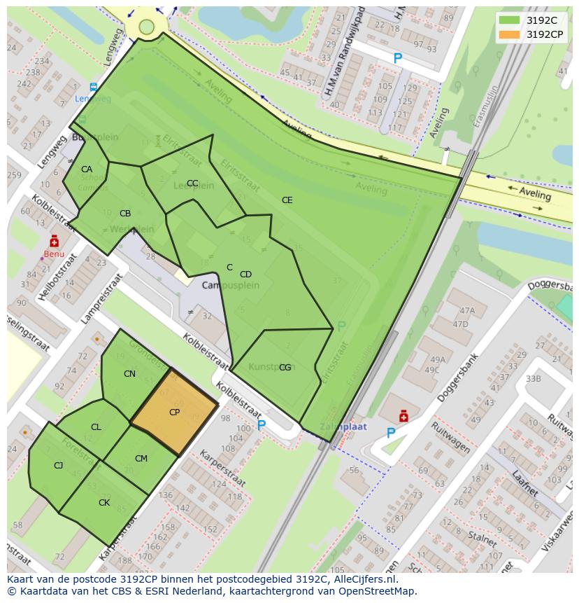 Afbeelding van het postcodegebied 3192 CP op de kaart.