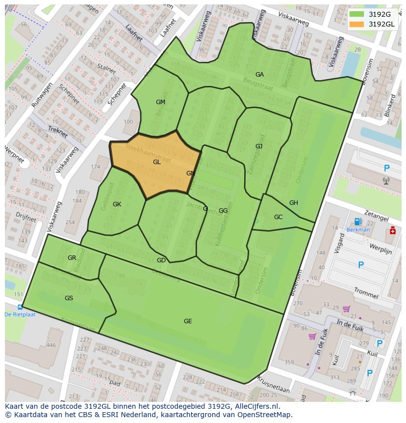 Afbeelding van het postcodegebied 3192 GL op de kaart.