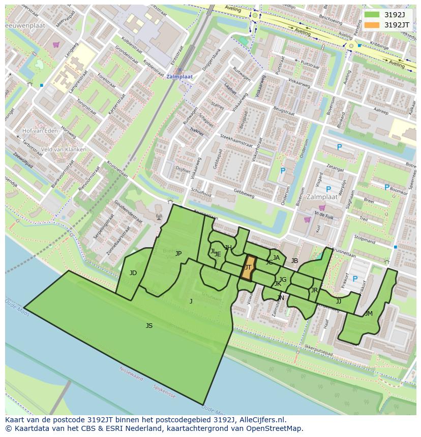 Afbeelding van het postcodegebied 3192 JT op de kaart.