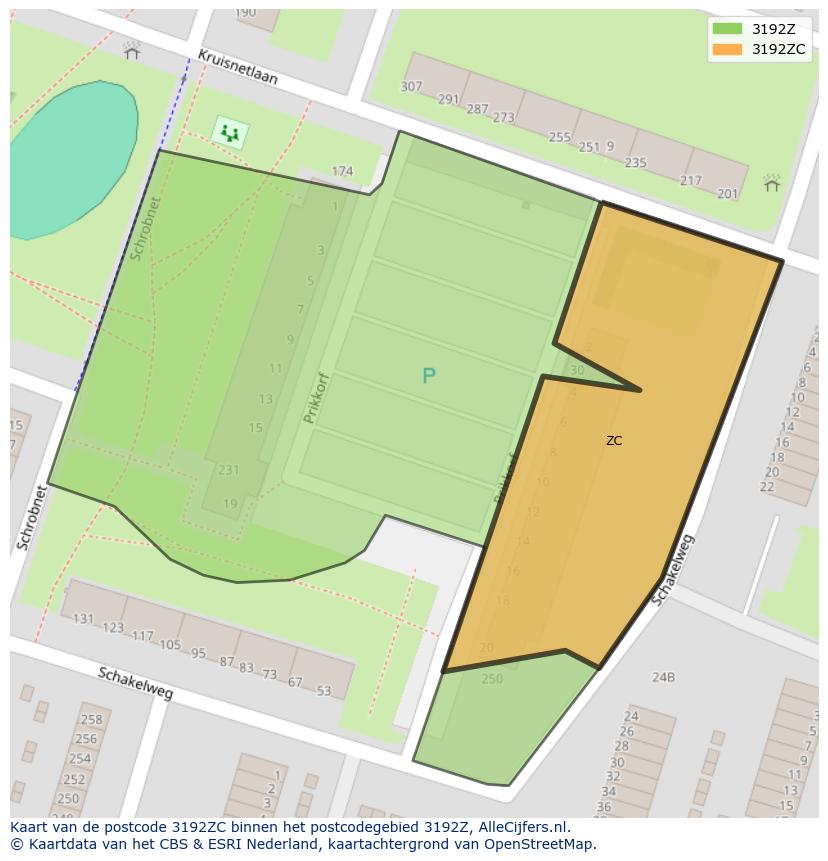 Afbeelding van het postcodegebied 3192 ZC op de kaart.