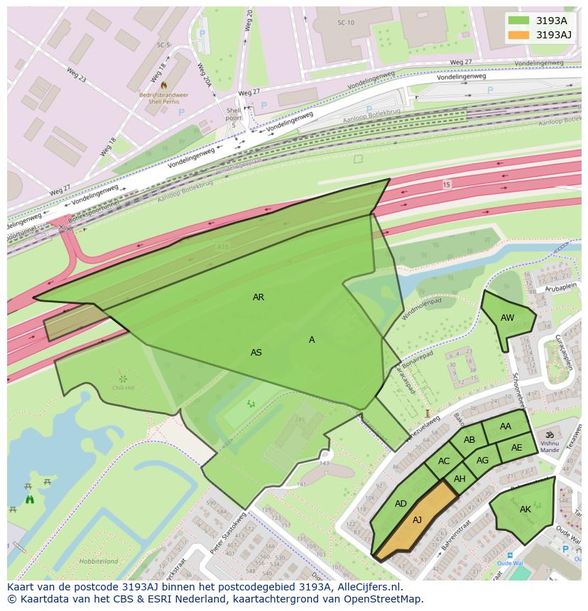Afbeelding van het postcodegebied 3193 AJ op de kaart.