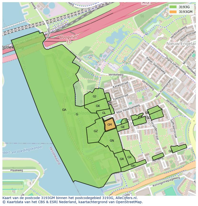 Afbeelding van het postcodegebied 3193 GM op de kaart.