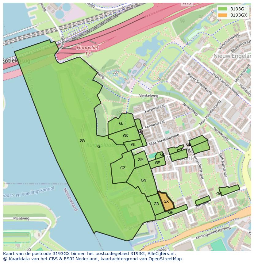 Afbeelding van het postcodegebied 3193 GX op de kaart.